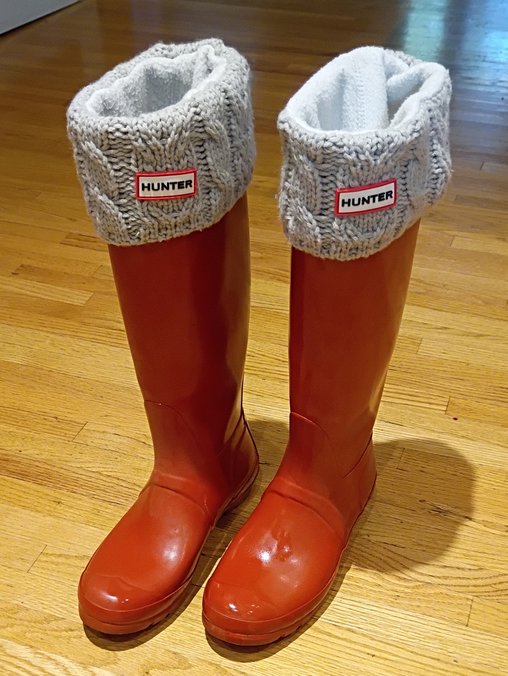 Women's Hunter Red Rain Boots with Gray Knit Welly Socks